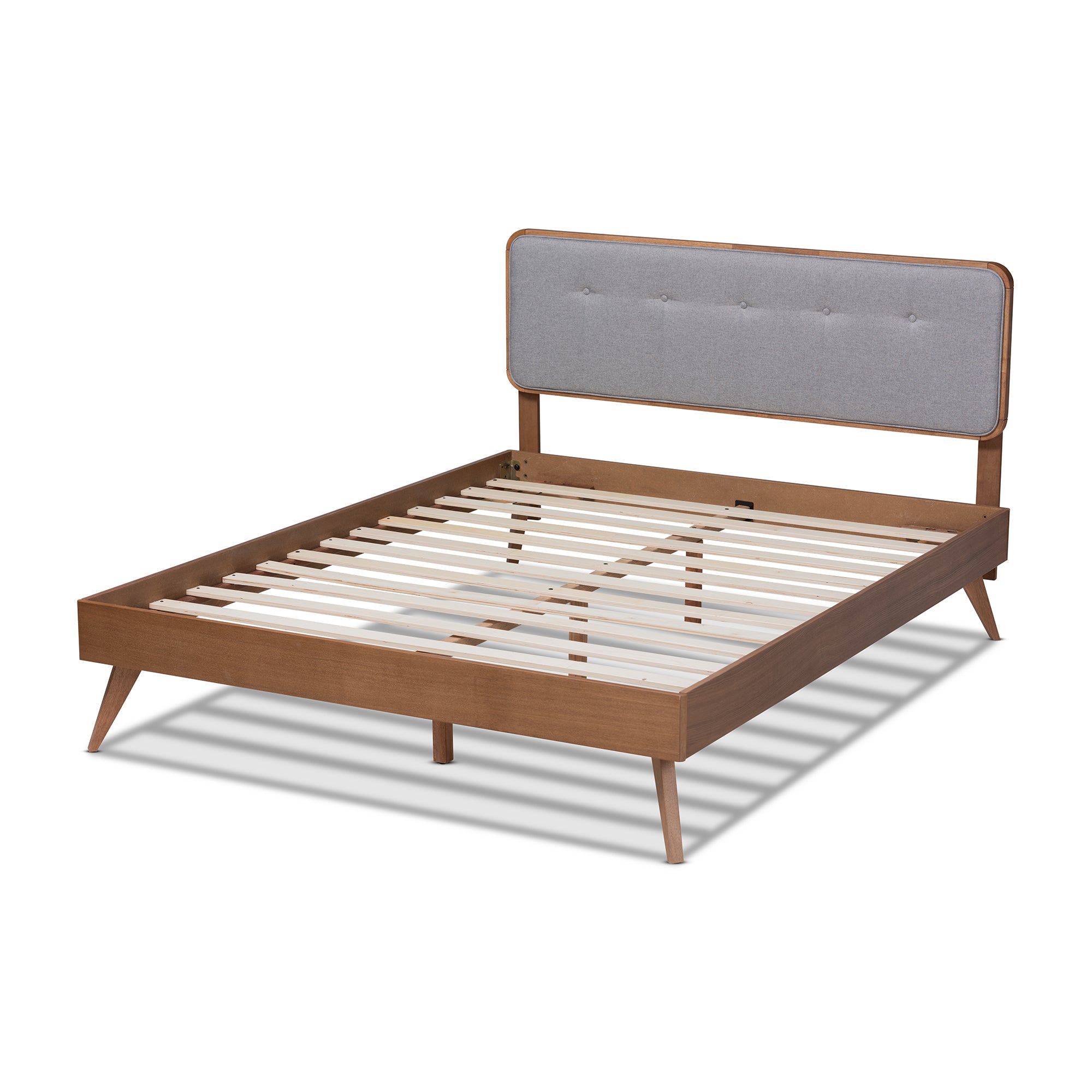 Dilara Queen Bed Light Grey Fabric Walnut Brown Mid-Century Modern