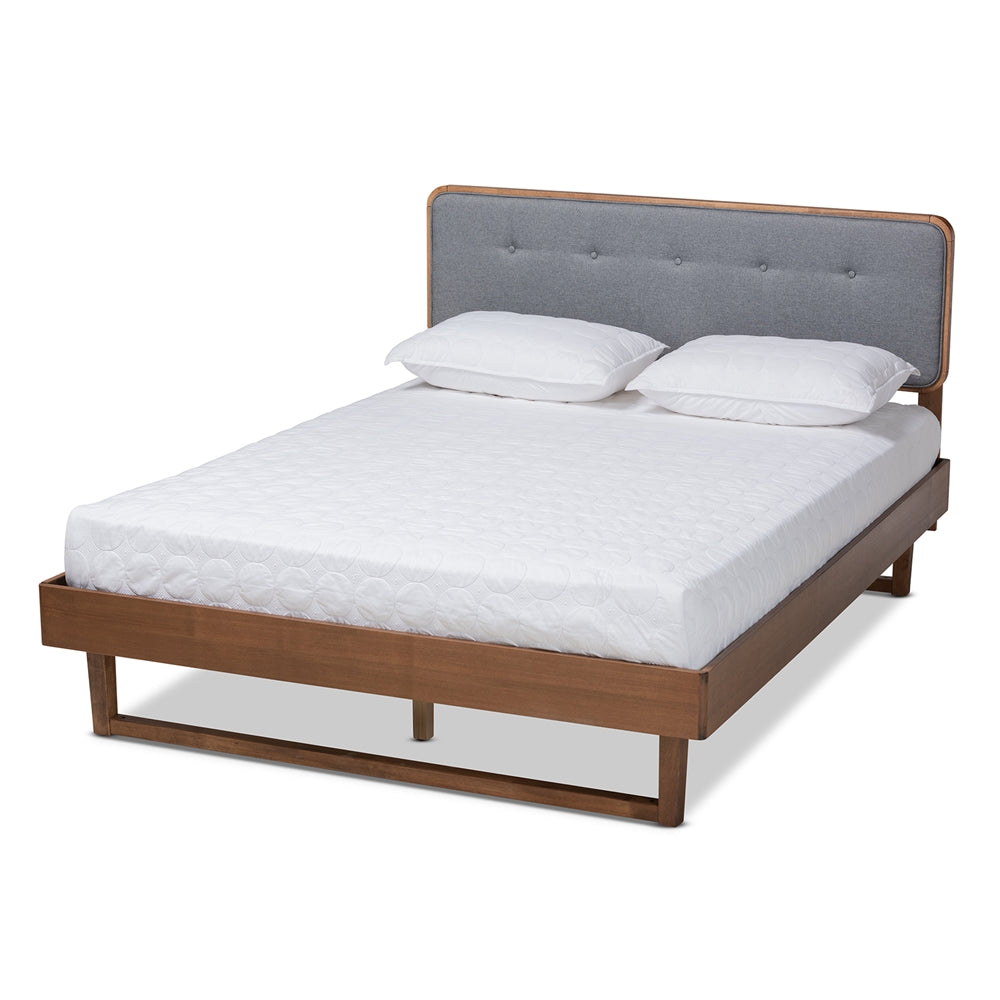 Natalia Bed King Size Light Grey Fabric & Ash Walnut Mid-Century Style