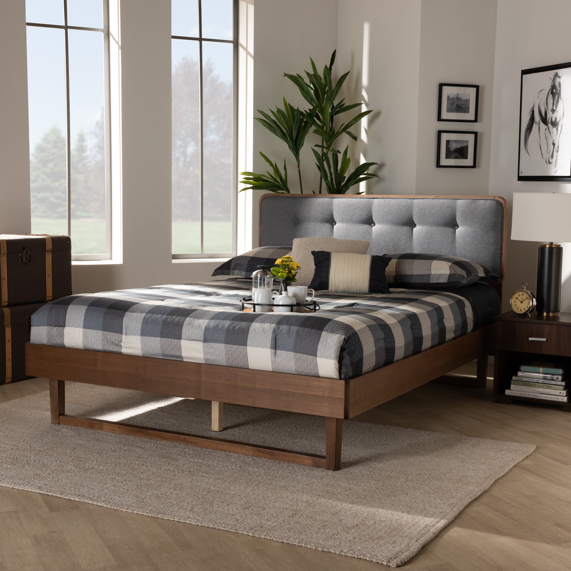 Natalia Queen Bed Dark Grey Fabric, Ash Walnut Mid-Century Modern