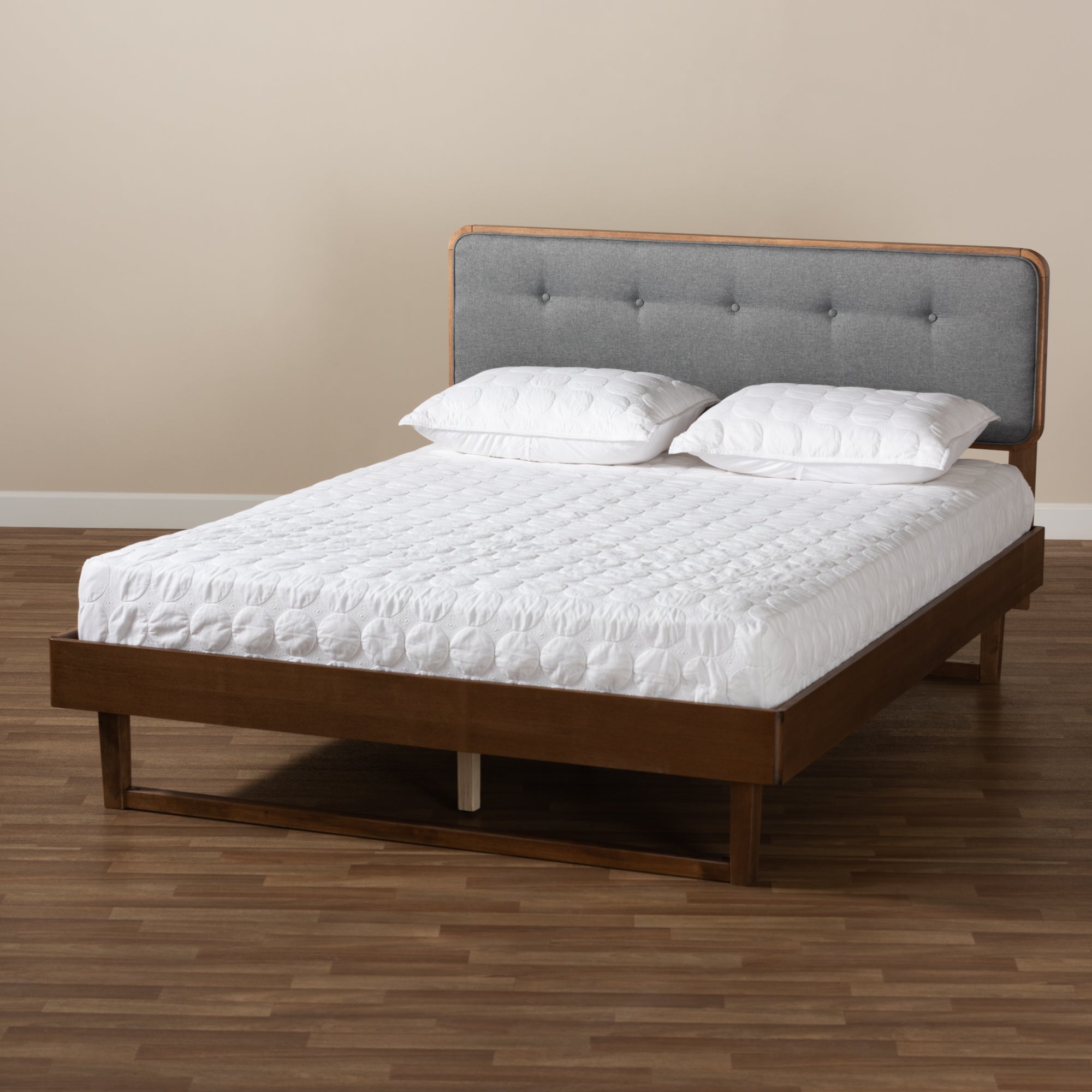 Natalia Queen Bed Dark Grey Fabric, Ash Walnut Mid-Century Modern