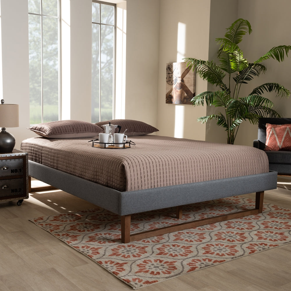 Liliya Full Size Bed Mid-Century, Dark Grey Fabric & Walnut Finish