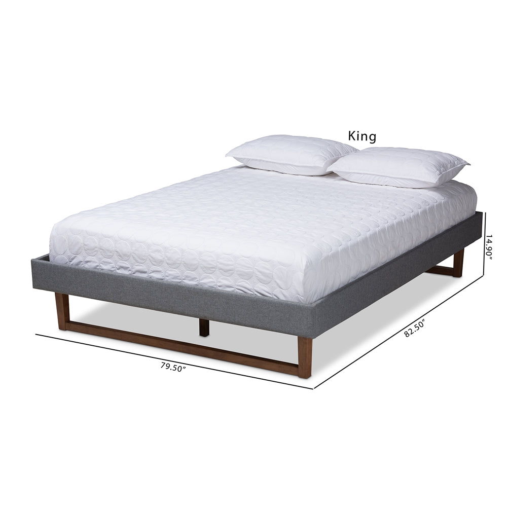 Liliya King Size Bed Mid-Century Dark Grey Fabric & Walnut Wood