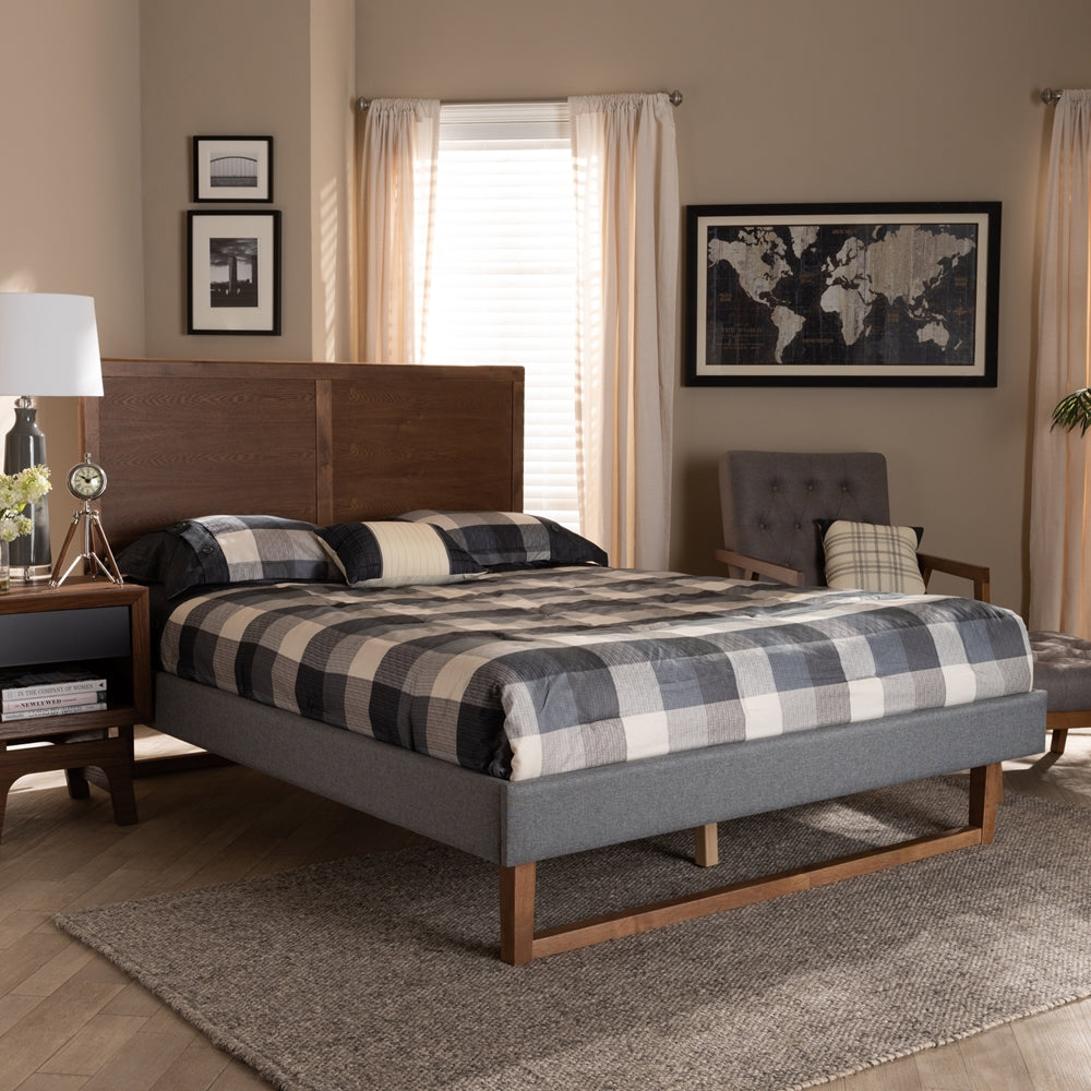 Allegra Dark Grey Fabric And Ash Walnut Brown Finish Wood Queen Size Bed