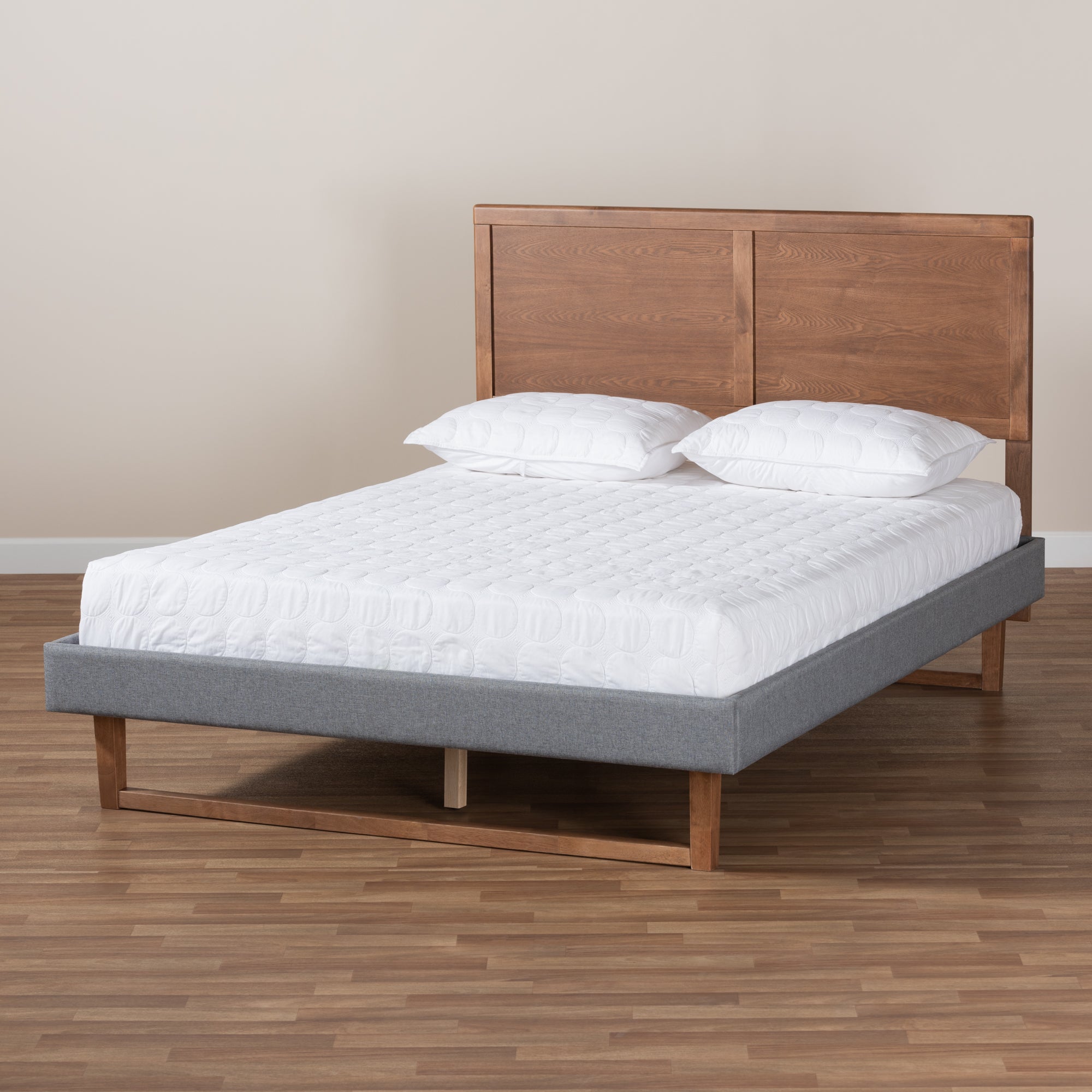 Allegra Dark Grey Fabric And Ash Walnut Brown Finish Wood Queen Size Bed
