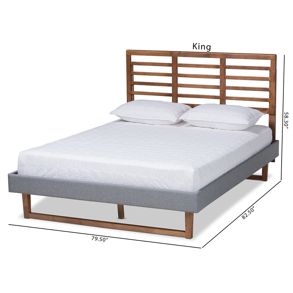 Rina Dark Grey Fabric and Ash Walnut Brown Finished Wood King Size Bed