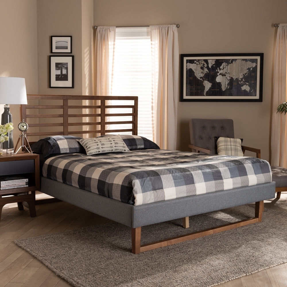 Rina Dark Grey Fabric and Ash Walnut Brown Finished Queen Size Bed