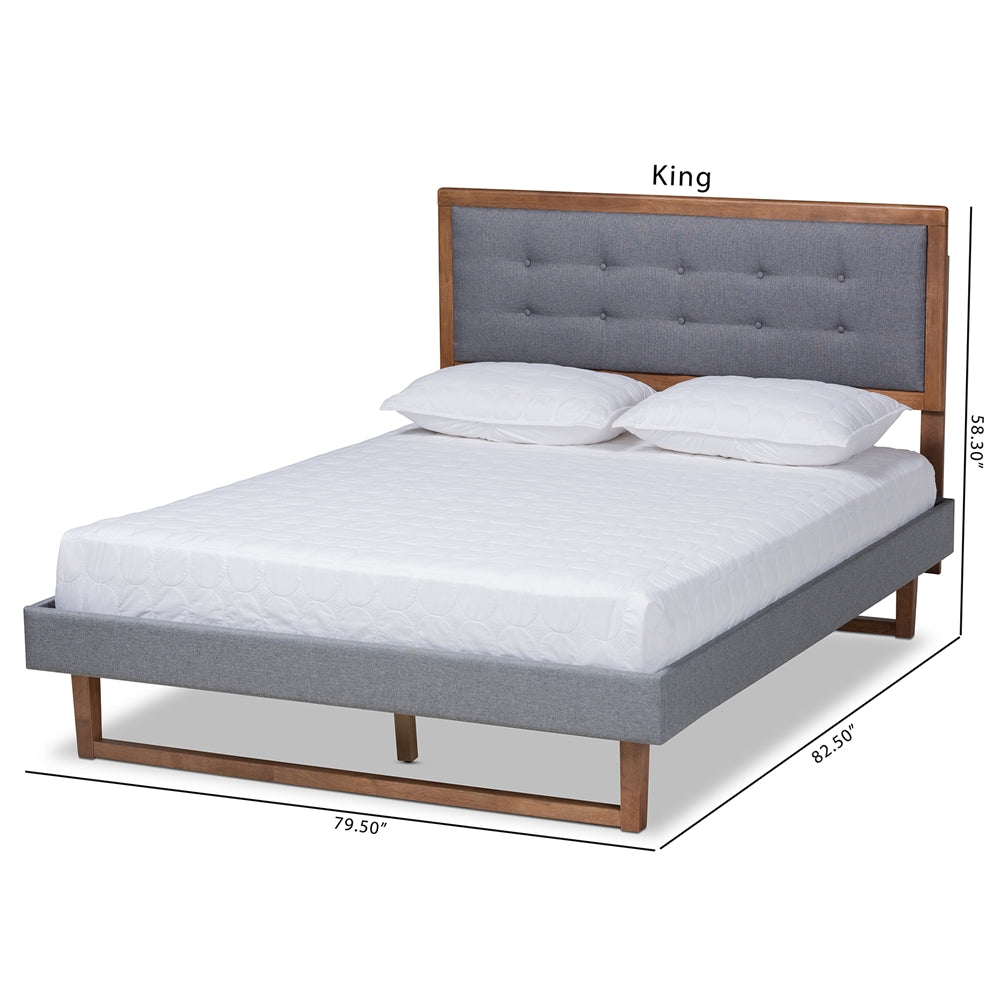 Emele Dark Grey Fabric and Ash Walnut Brown Finished Wood King Size Bed