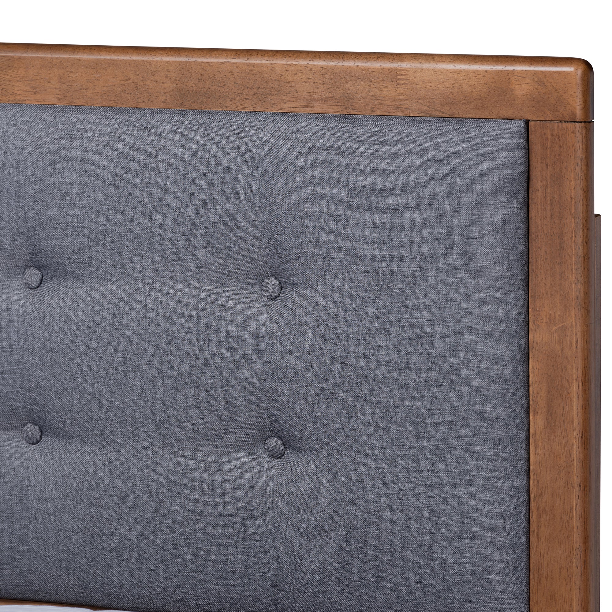 Emele Dark Grey Fabric and Ash Walnut Brown Finished Wood Queen Size Bed