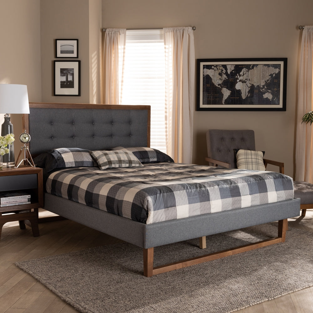 Emele Dark Grey Fabric and Ash Walnut Brown Finished Wood Queen Size Bed