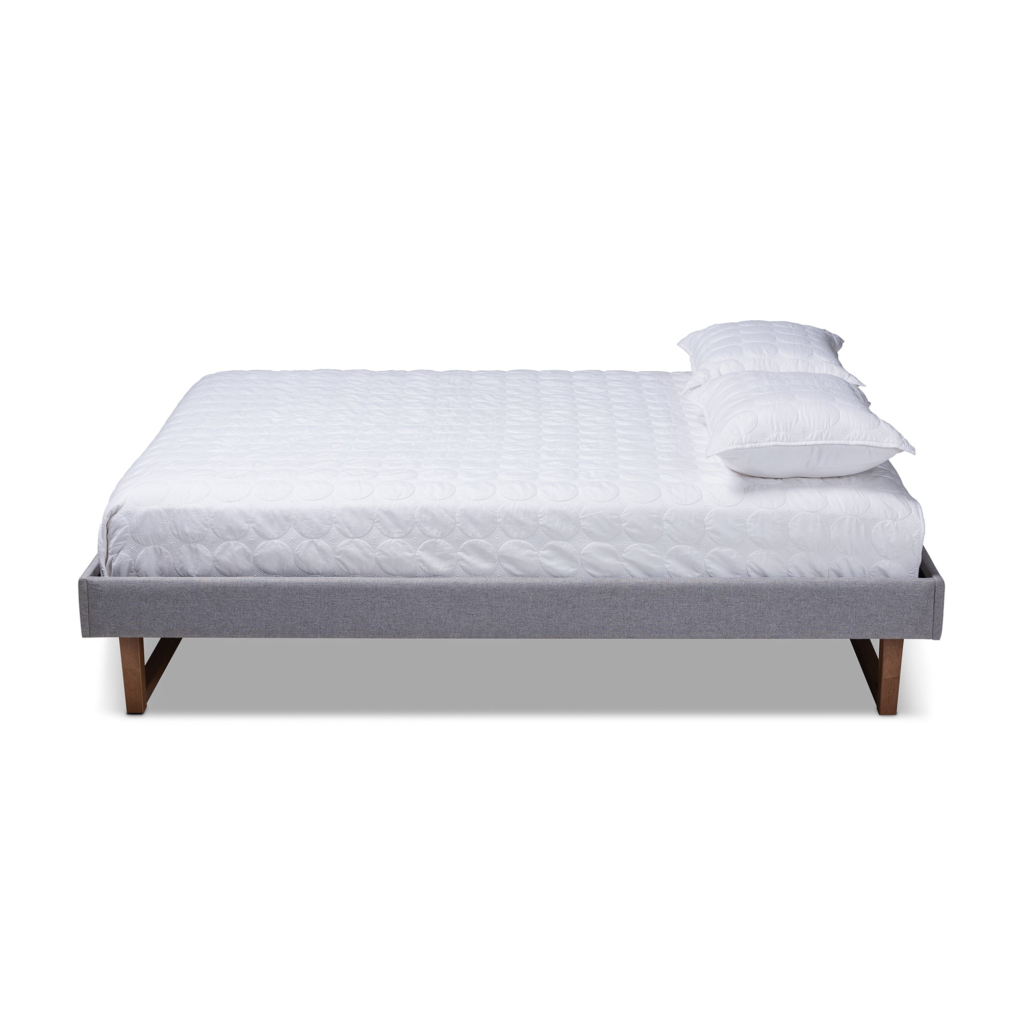 Liliya Mid-Century Modern Light Grey Fabric Upholstered Walnut Brown Finished Wood Full Size Platform Bed Frame