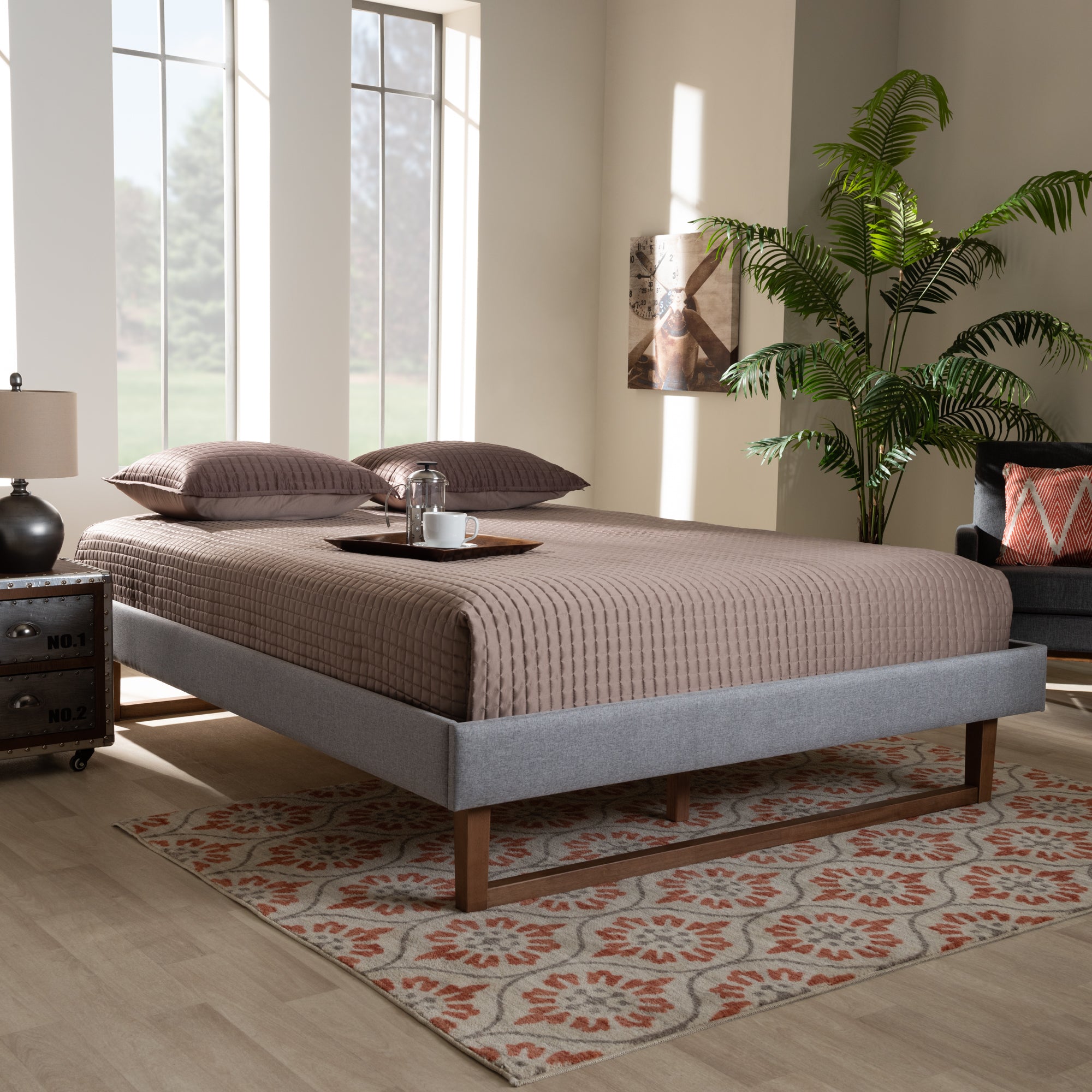 Liliya Mid-Century Modern Light Grey Fabric Upholstered Walnut Brown Finished Wood Full Size Platform Bed Frame