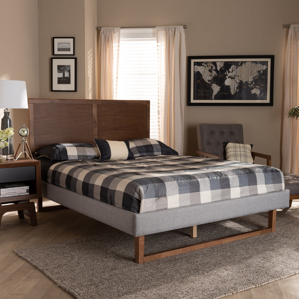 Eloise Light Grey Fabric and Ash Walnut Brown Finished Wood Queen Size Bed