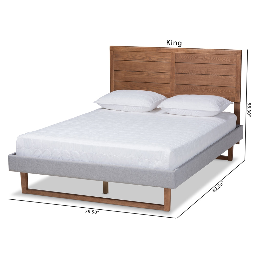 Claudia Light Grey Fabric and Walnut Brown Finished Wood King Size Bed