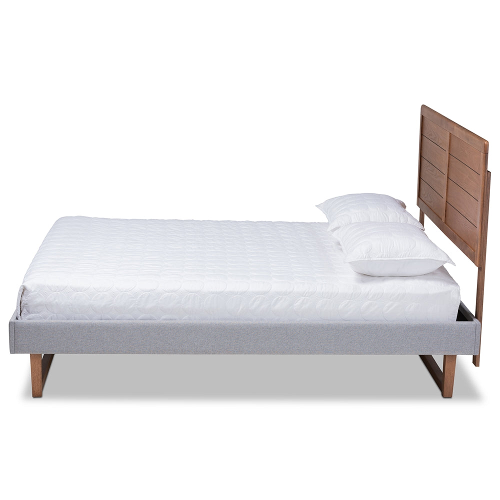 Claudia Light Grey Fabric and Walnut Brown Finished Wood King Size Bed