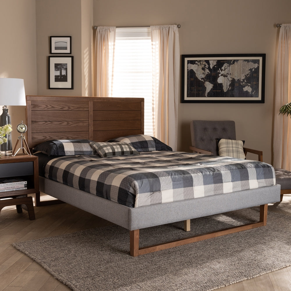 Claudia Light Grey Fabric And Walnut Brown Finished Wood Full Size Bed