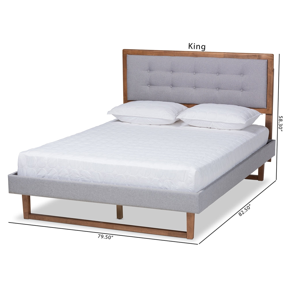 Livinia Light Grey Fabric and Ash Walnut Brown Finished Wood King Size Bed