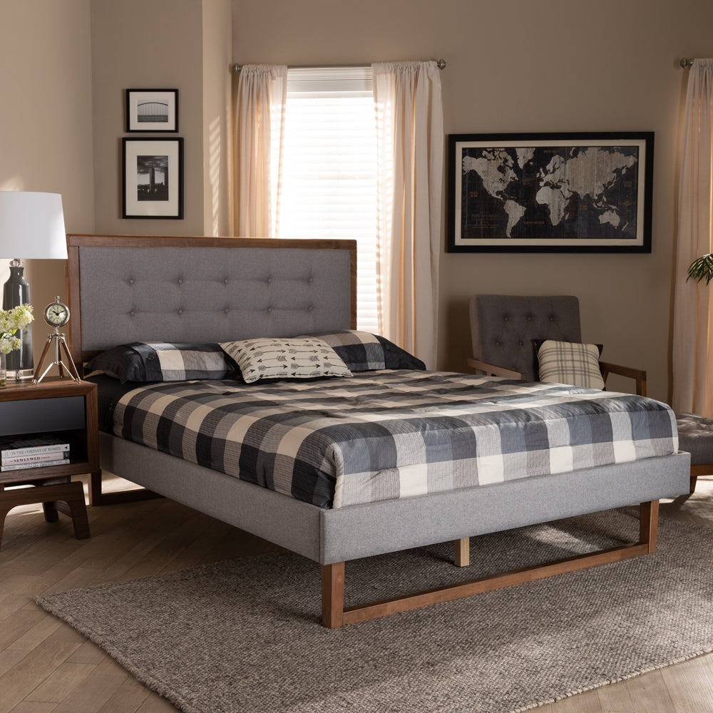 Livinia Light Grey Fabric and Ash Walnut Brown Finish Wood Queen Size Bed