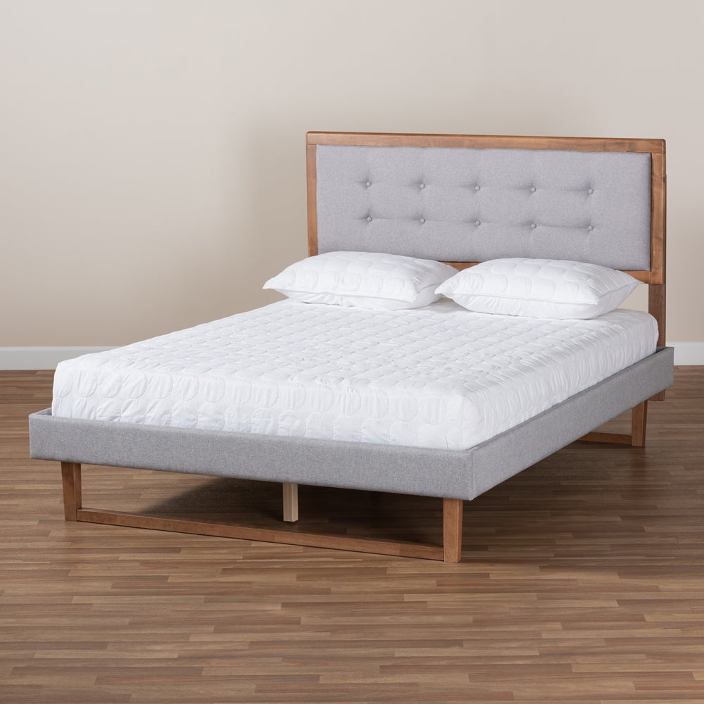 Livinia Light Grey Fabric and Ash Walnut Brown Finished Wood King Size Bed