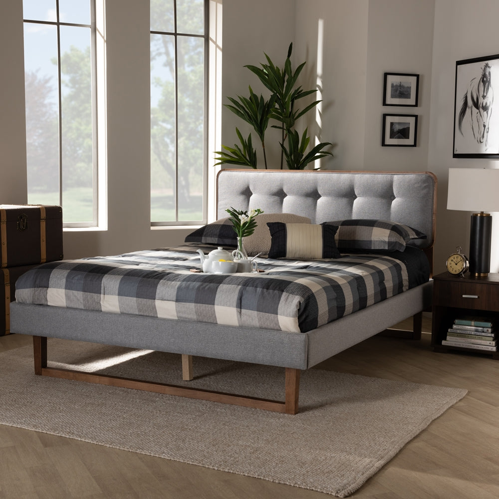 Sofia Bed Queen Platform in Light Grey Fabric and Ash Walnut Finish