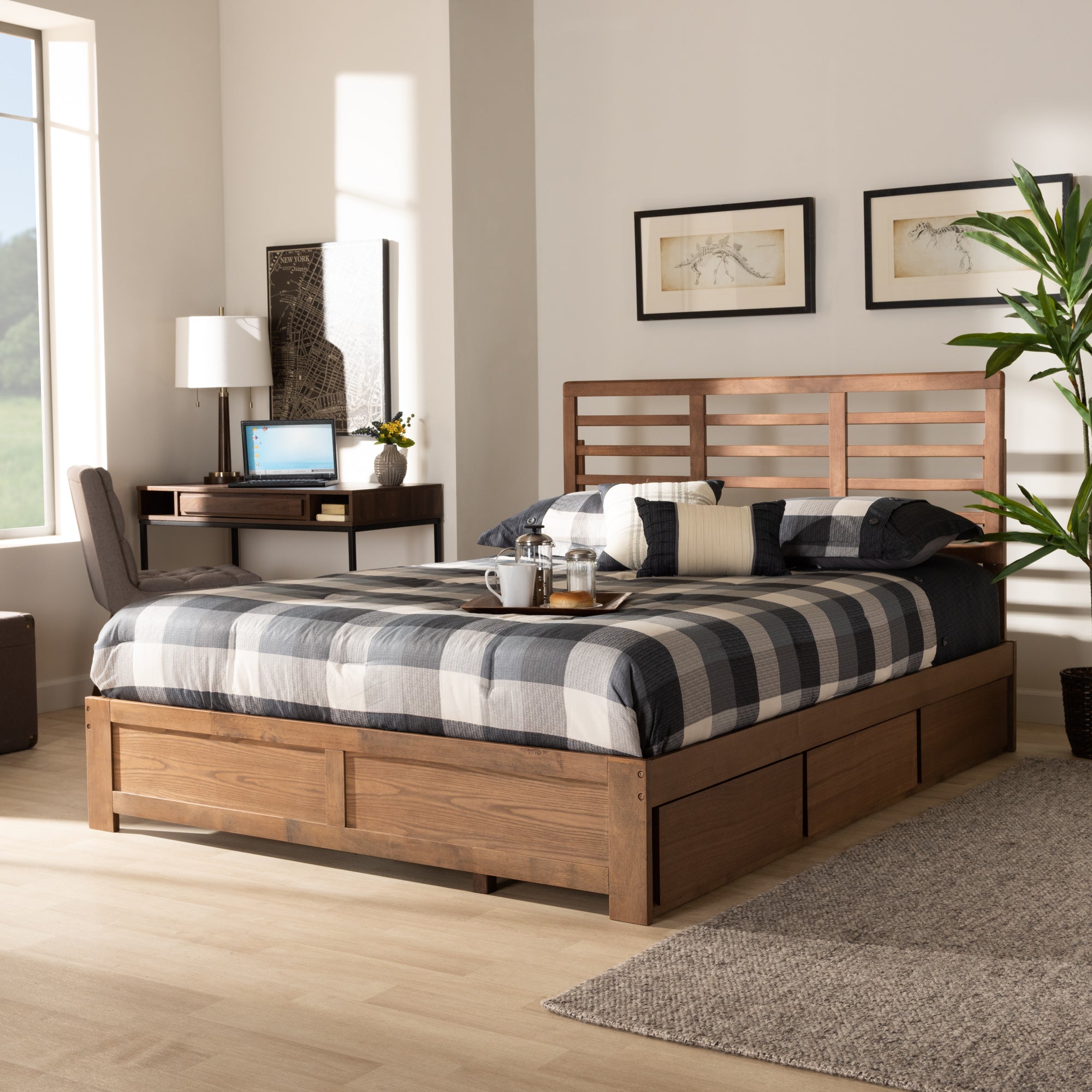 Piera Modern Style Ash Walnut Finish Queen Size 3-Drawer Storage Bed