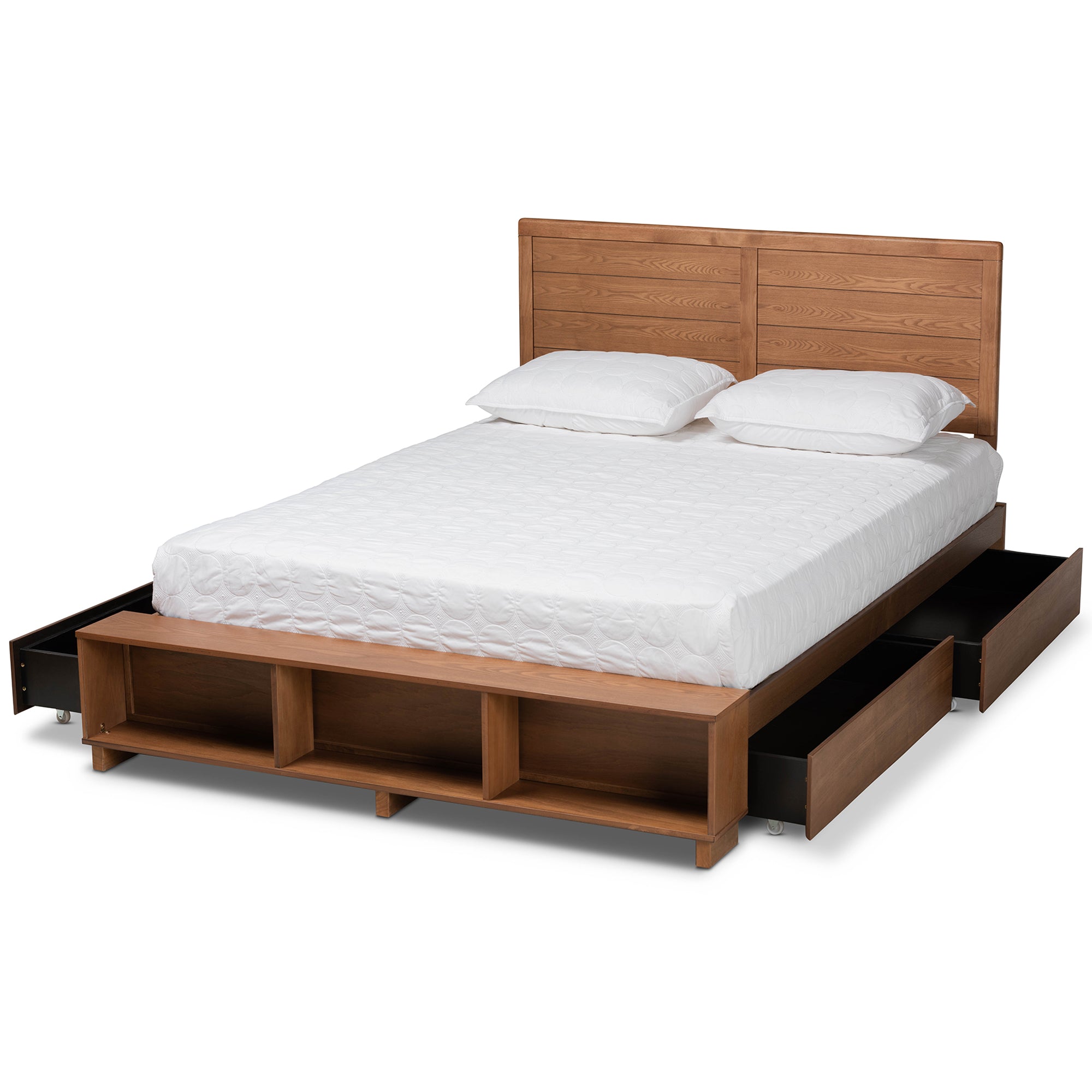 Evane Alba Collection Full Size Bed Ash Walnut – Platform Bed with 4 Drawers & Built-In Shelves