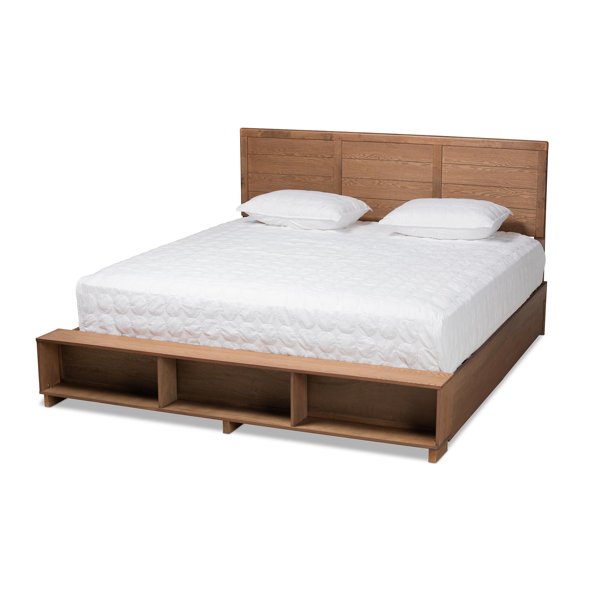 Mayln Alba King Walnut Brown Wood Bed – Modern Design with 4-Drawer Storage & Shelves