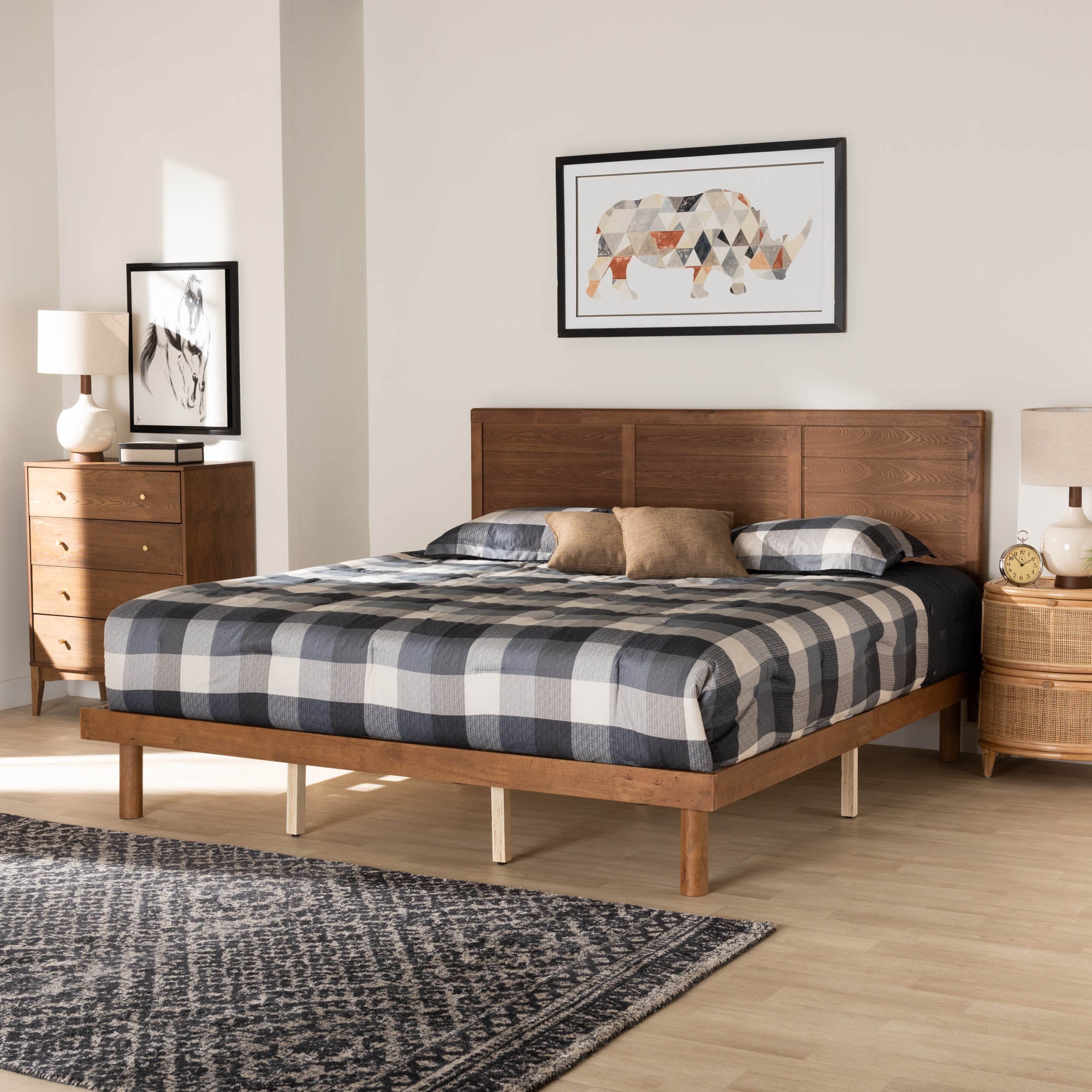 Daina Mid-Century Modern Ash Walnut Finished Wood King Size Platform Bed