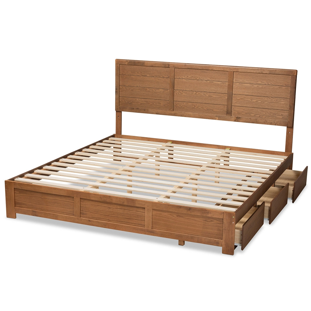 Lisa Ash Walnut Brown Finished Wood King Size 3-Drawer Platform Storage Bed