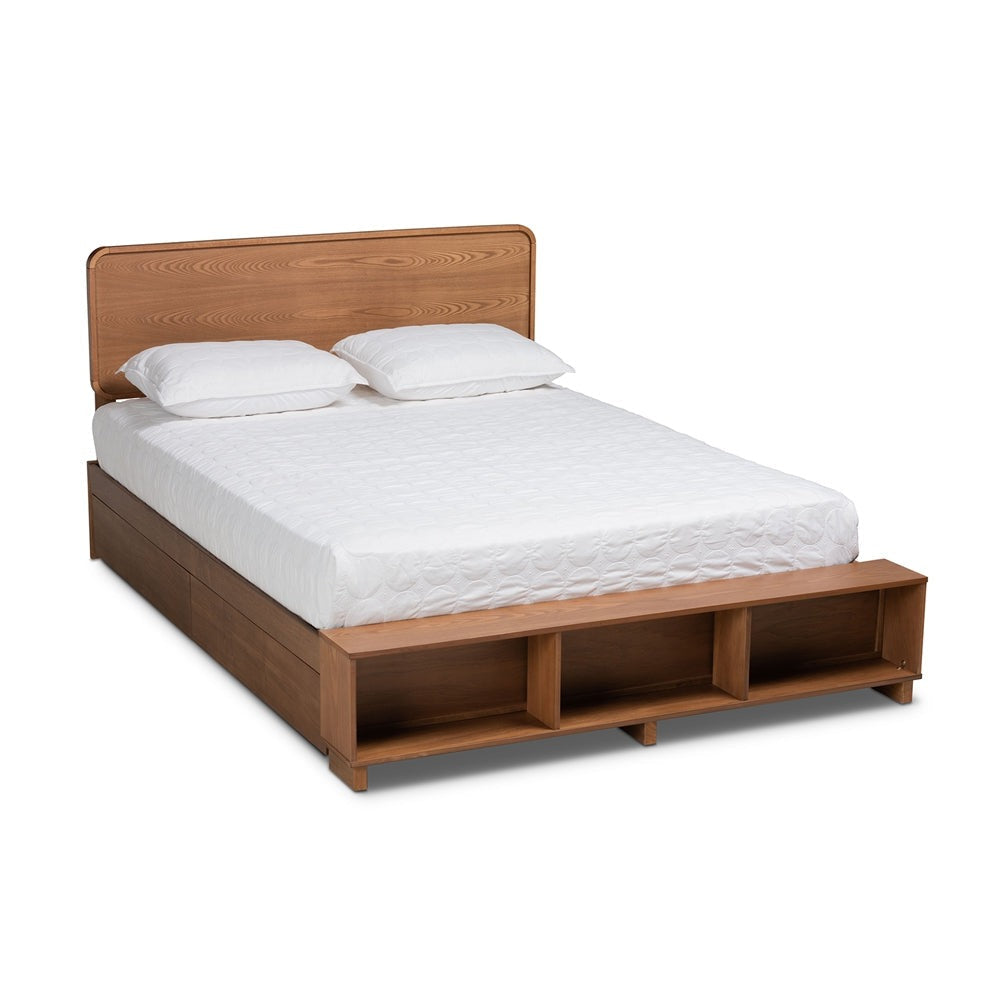 Vita Ash Walnut Queen Size Bed Modern with 4-Drawer Storage Platform Bed
