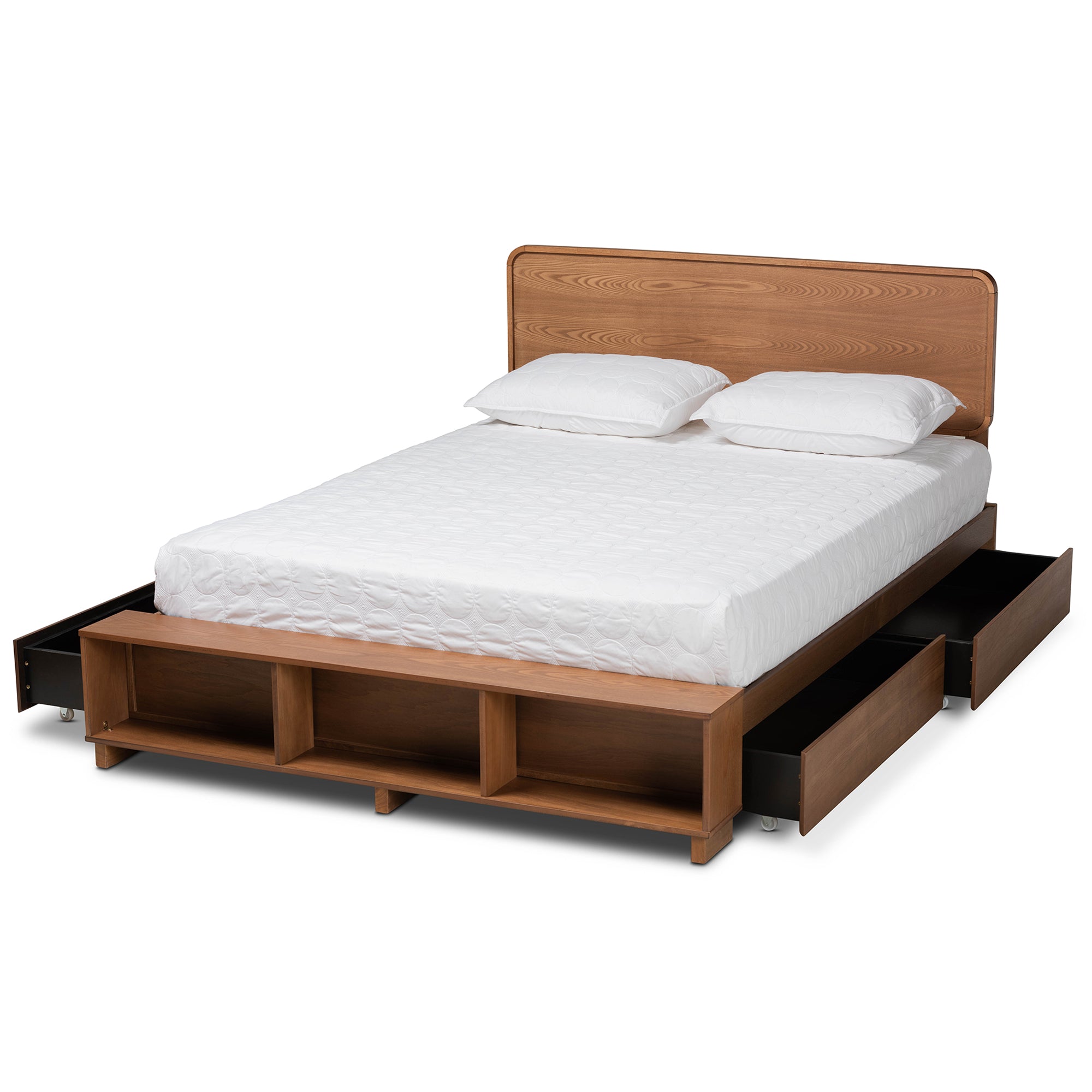Vita Ash Walnut Queen Size Bed Modern with 4-Drawer Storage Platform Bed