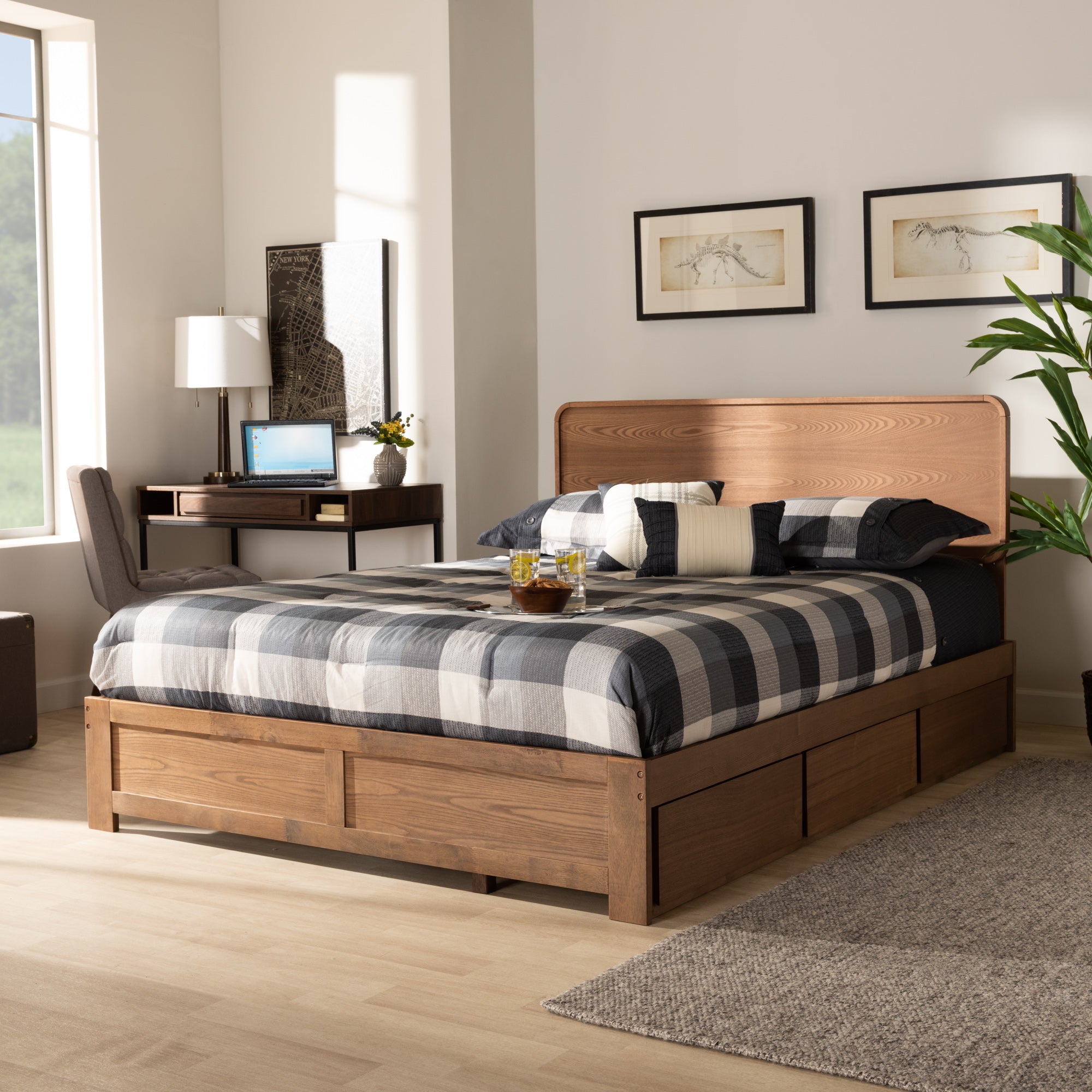 Eleni King Bed Dark Grey Fabric Walnut Wood & 3-Drawer Storage