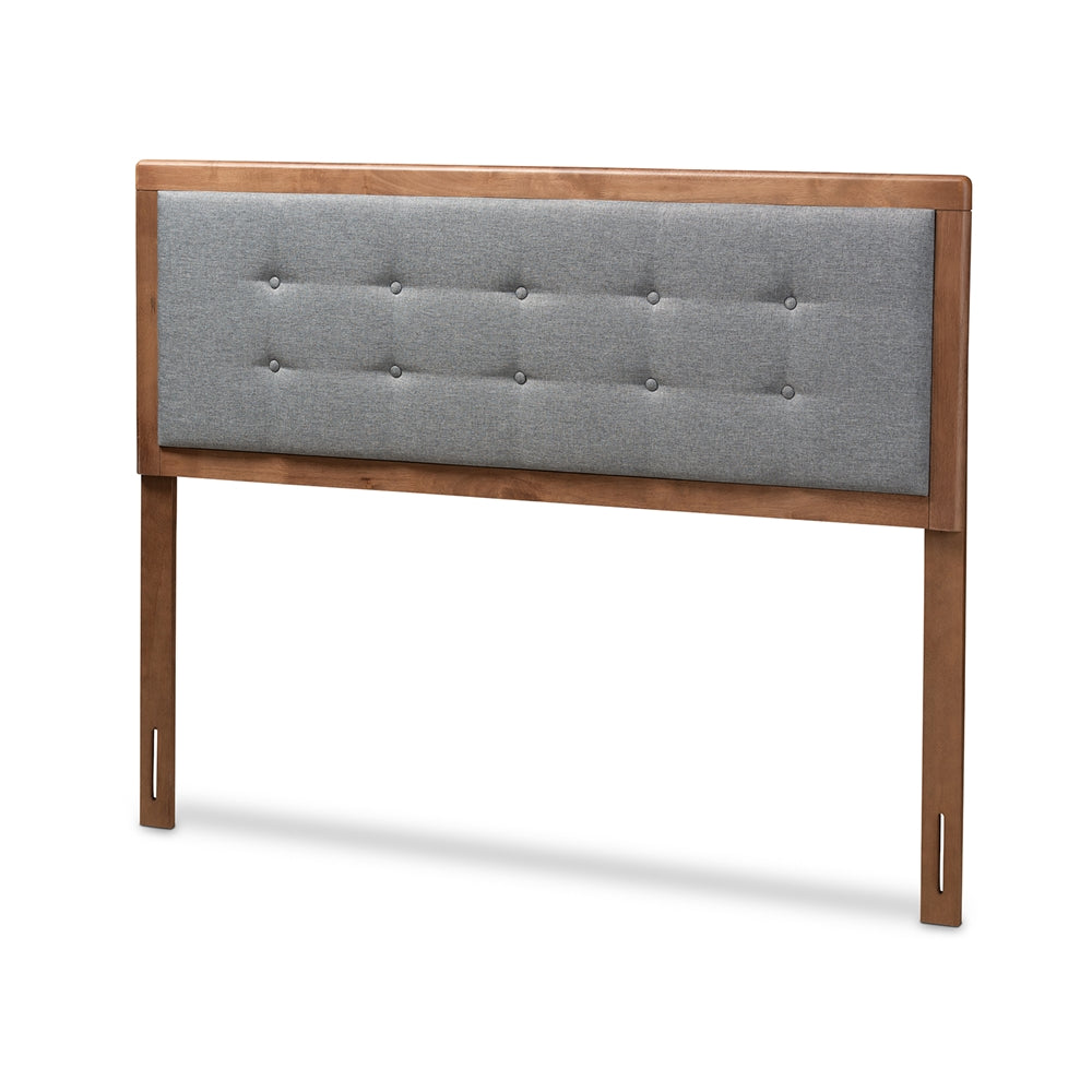 Sarine Mid-Century Modern Dark Grey Fabric Upholstered Walnut Brown Finished Wood Full Size Headboard