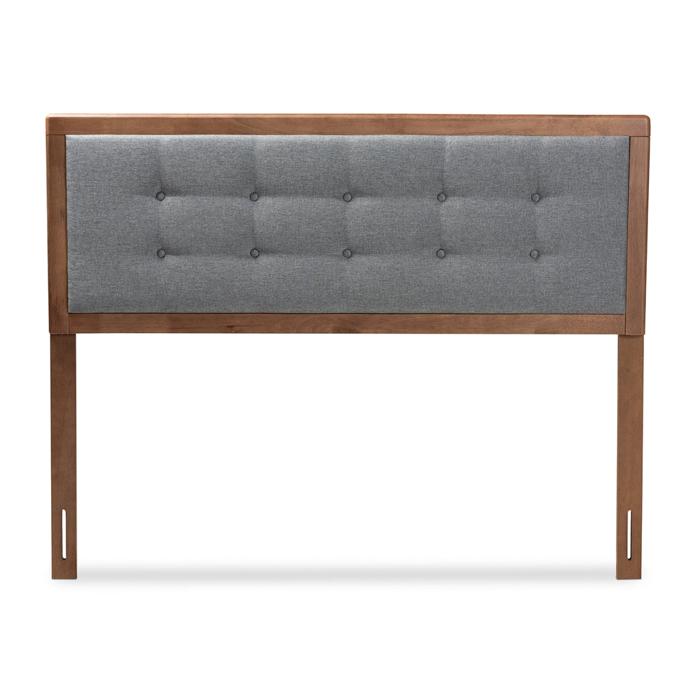 Sarine Mid-Century Modern Dark Grey Fabric Upholstered Walnut Brown Finished Wood Full Size Headboard