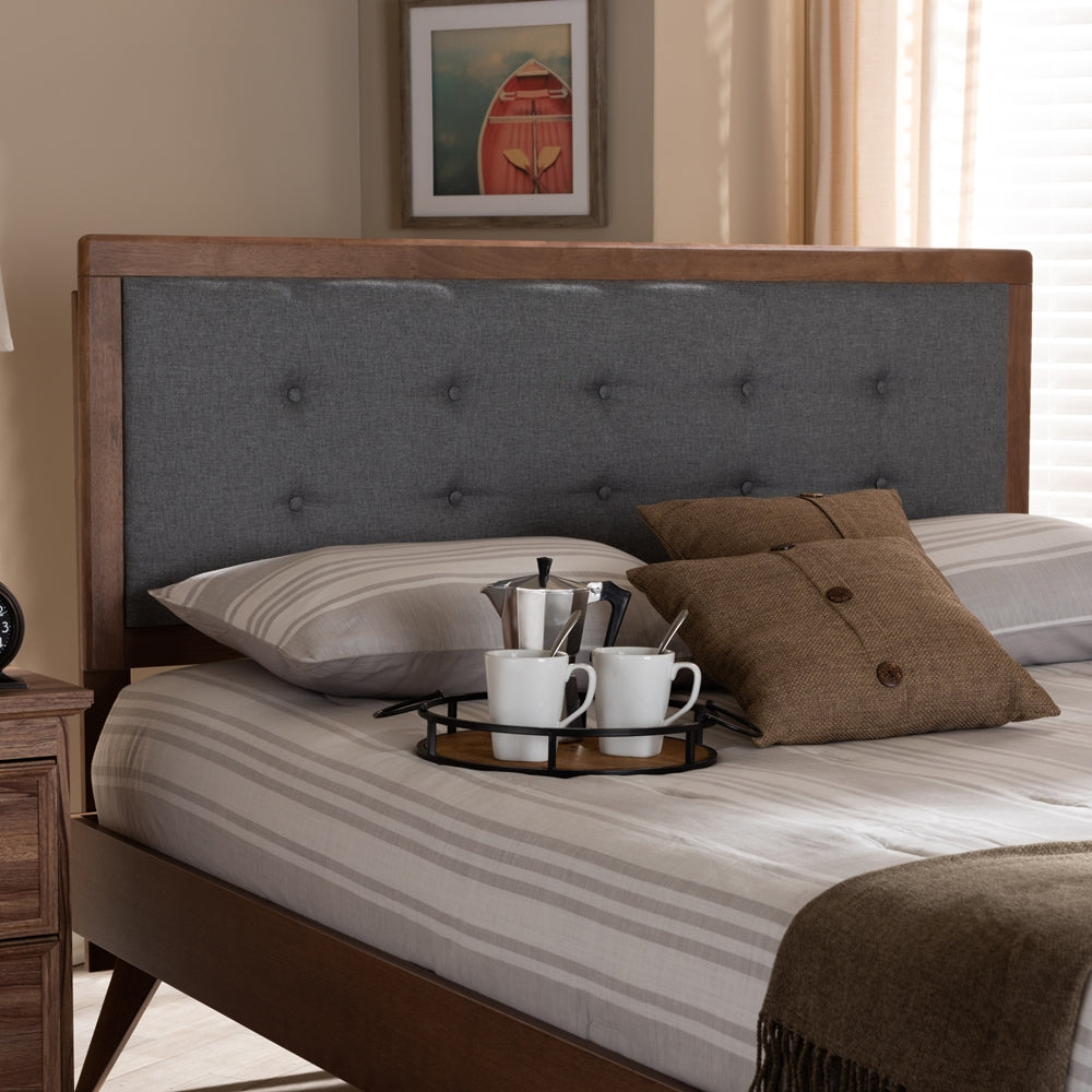 Sarine Mid-Century Modern Dark Grey Fabric Upholstered Walnut Brown Finished Wood Queen Size Headboard