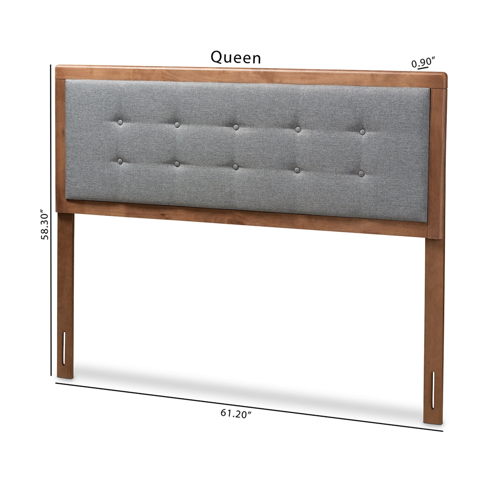 Sarine Mid-Century Modern Dark Grey Fabric Upholstered Walnut Brown Finished Wood Queen Size Headboard