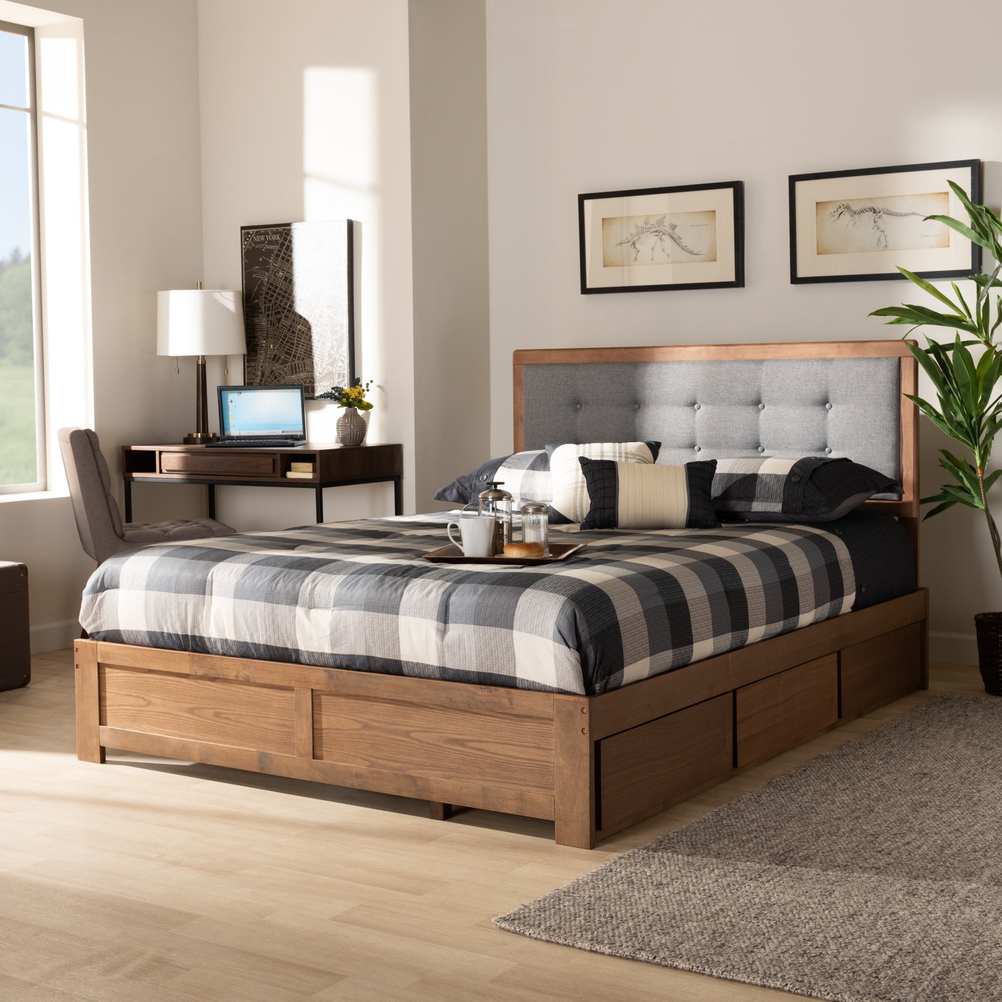 Lene Queen Bed Grey Fabric, Walnut Finish with 3-Drawer Storage