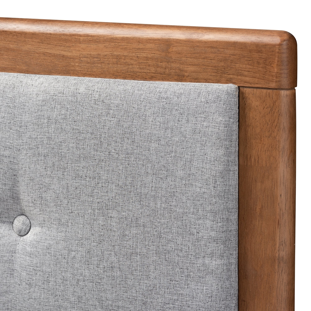 Sarine Mid-Century Modern Light Grey Fabric Upholstered Walnut Brown Finished Wood Queen Size Headboard