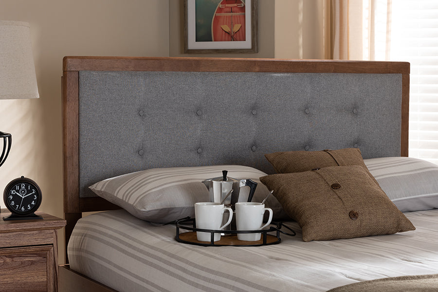 Sarine Mid-Century Modern Light Grey Fabric Upholstered Walnut Brown Finished Wood Full Size Headboard