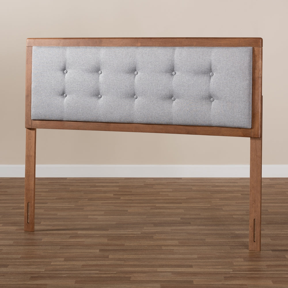 Sarine Mid-Century Modern Light Grey Fabric Upholstered Walnut Brown Finished Wood Full Size Headboard