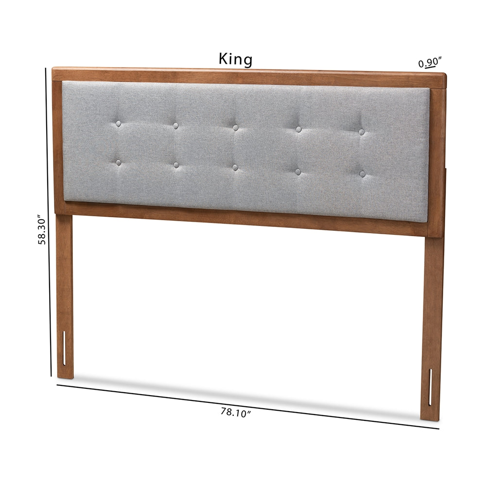 Sarine Mid-Century Modern Light Grey Fabric Upholstered Walnut Brown Finished Wood King Size Headboard