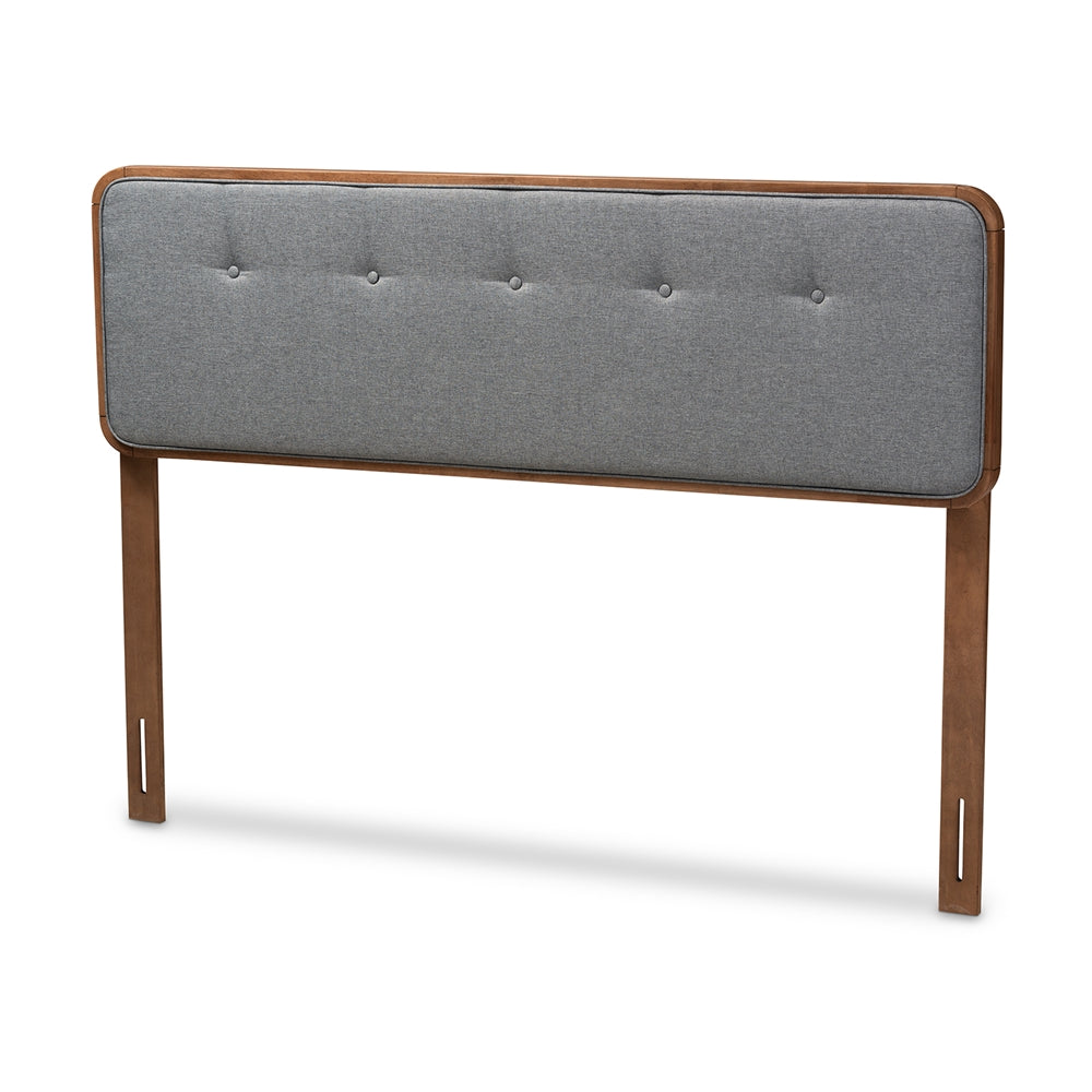 Palina Mid-Century Modern Dark Grey Fabric Upholstered Walnut Brown Finished Wood Queen Size Headboard