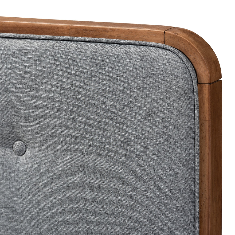 Palina Mid-Century Modern Dark Grey Fabric Upholstered Walnut Brown Finished Wood Queen Size Headboard