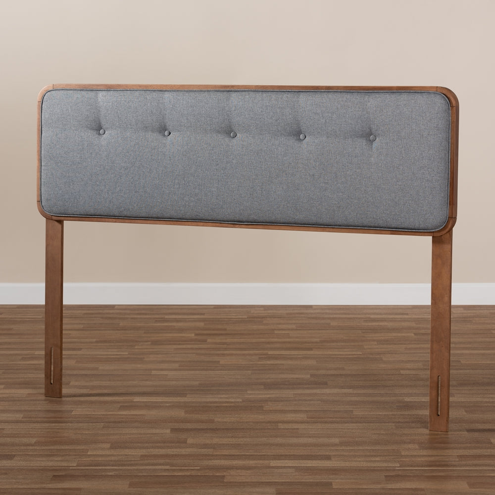 Palina Mid-Century Modern Dark Grey Fabric Upholstered Walnut Brown Finished Wood Queen Size Headboard