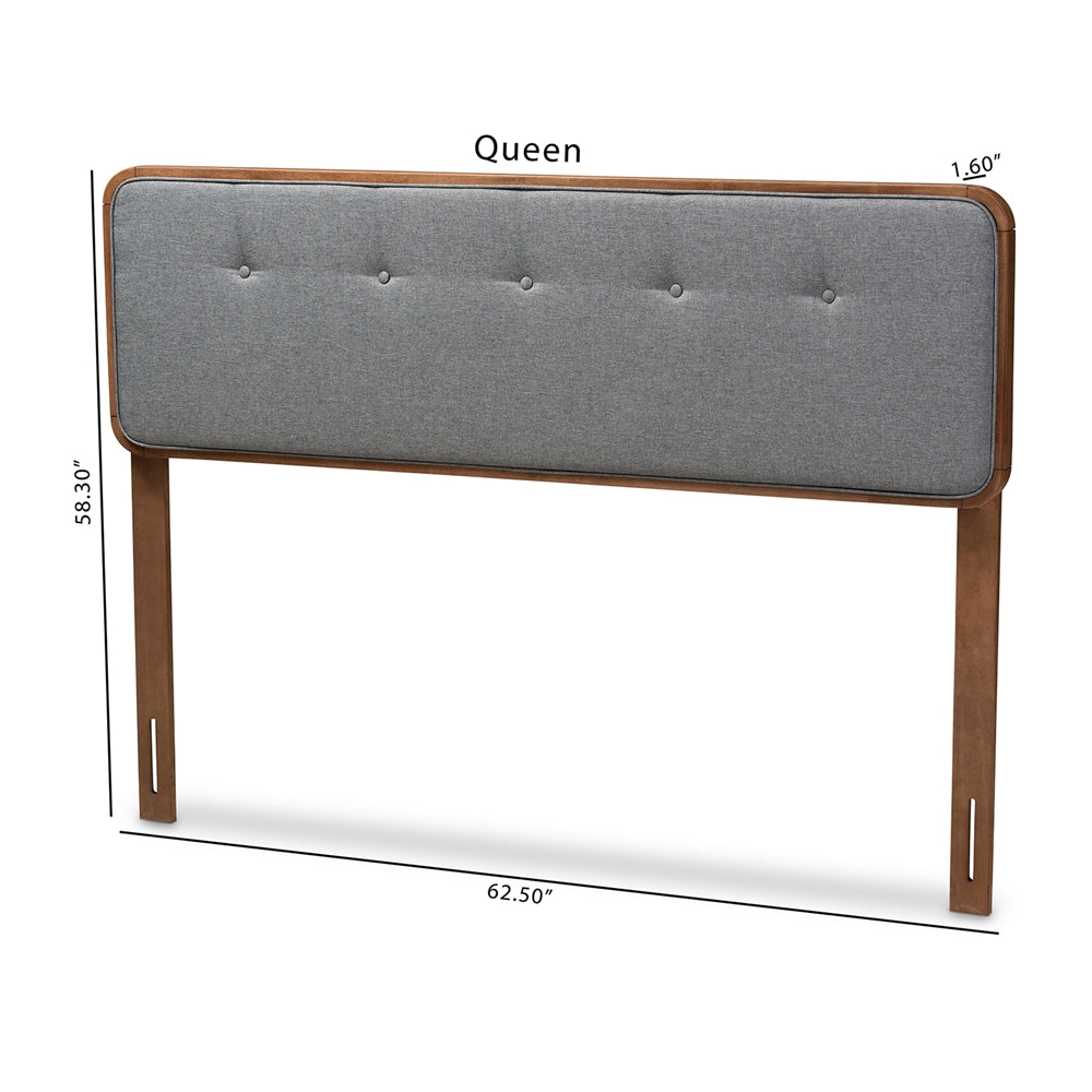 Palina Mid-Century Modern Dark Grey Fabric Upholstered Walnut Brown Finished Wood Queen Size Headboard