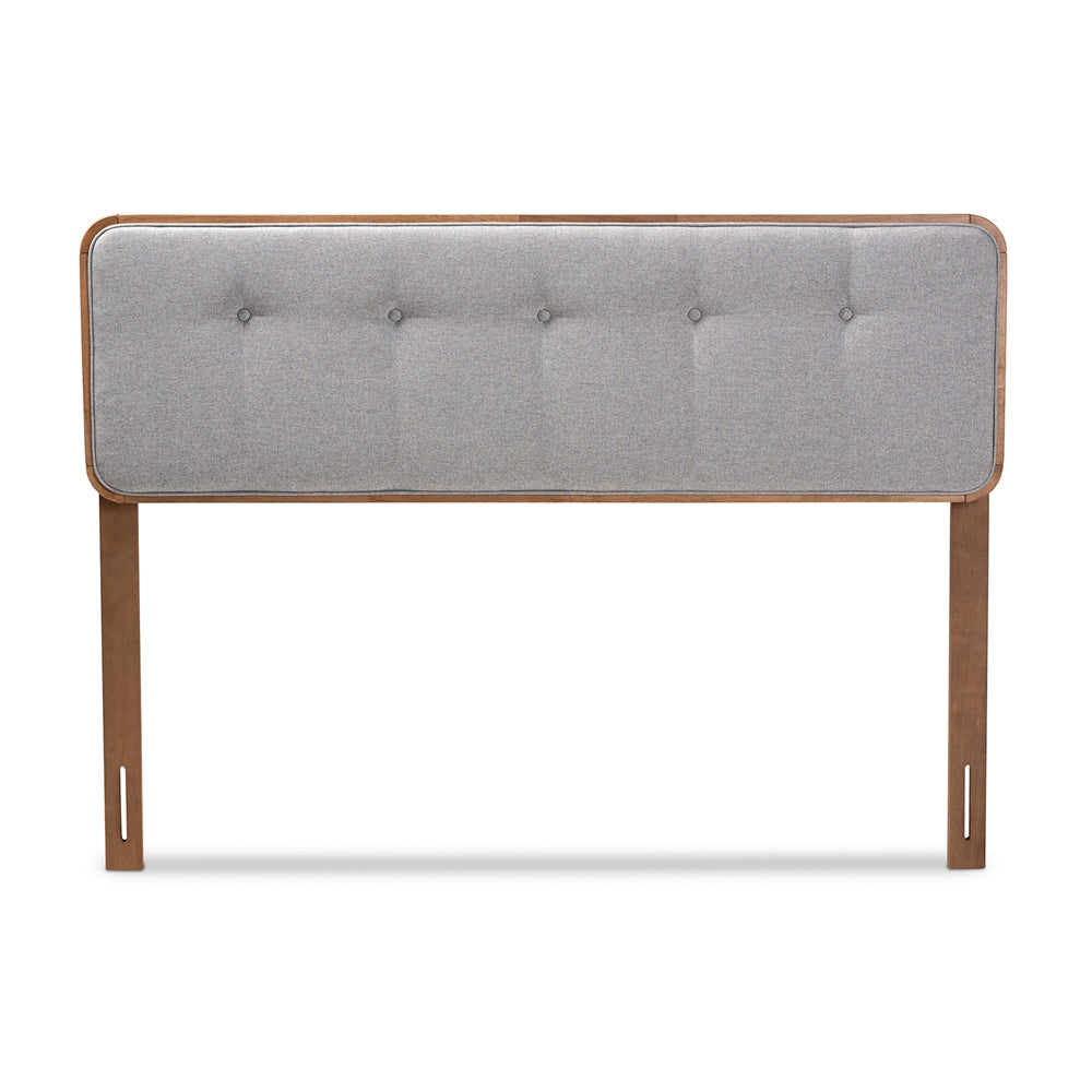 Palina Mid-Century Modern Light Grey Fabric Upholstered Walnut Brown Finished Wood Queen Size Headboard