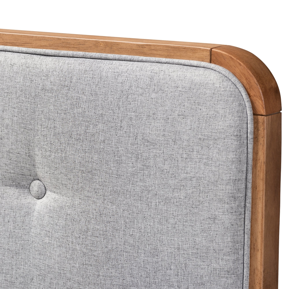 Palina Mid-Century Modern Light Grey Fabric Upholstered Walnut Brown Finished Wood Queen Size Headboard