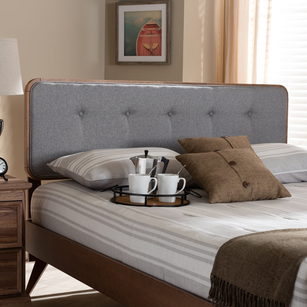 Palina Mid-Century Modern Light Grey Fabric Upholstered Walnut Brown Finished Wood Queen Size Headboard