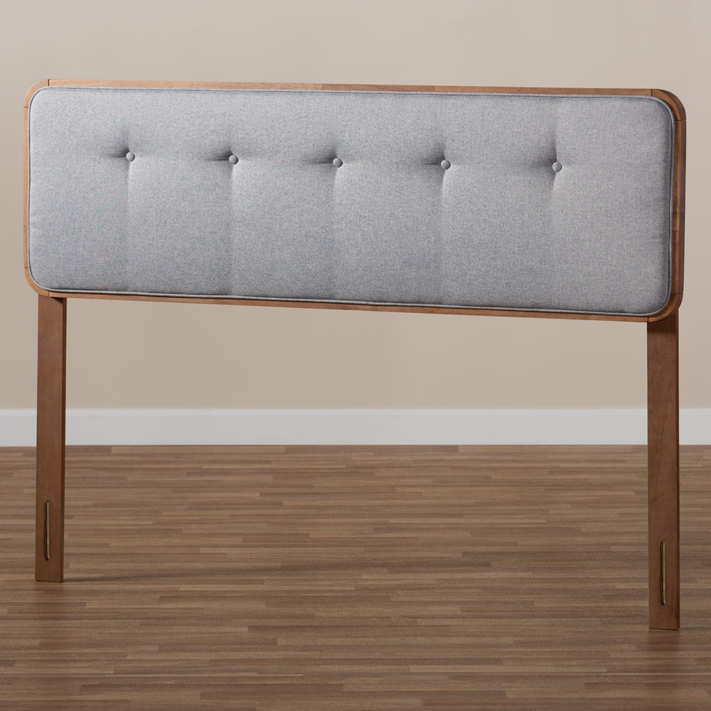 Palina Mid-Century Modern Light Grey Fabric Upholstered Walnut Brown Finished Wood Queen Size Headboard