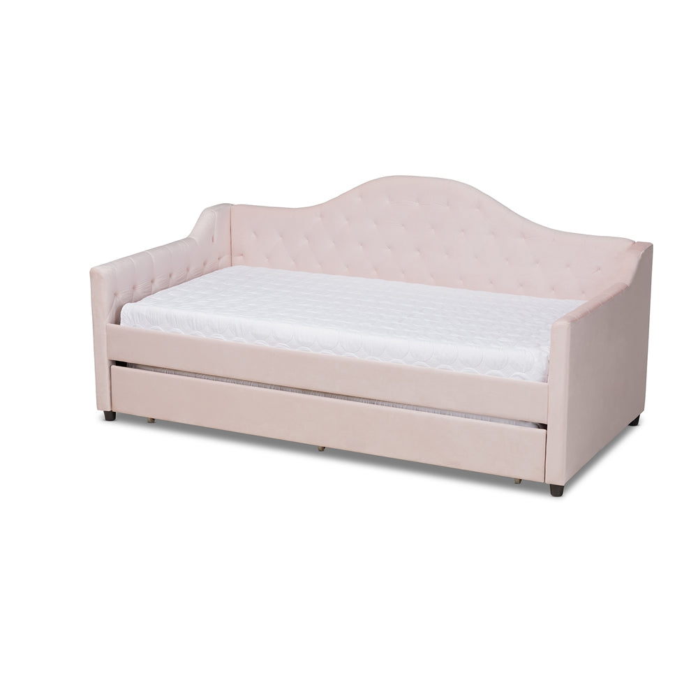 Perry Twin Size Daybed: Tufted Light Pink Velvet with Trundle