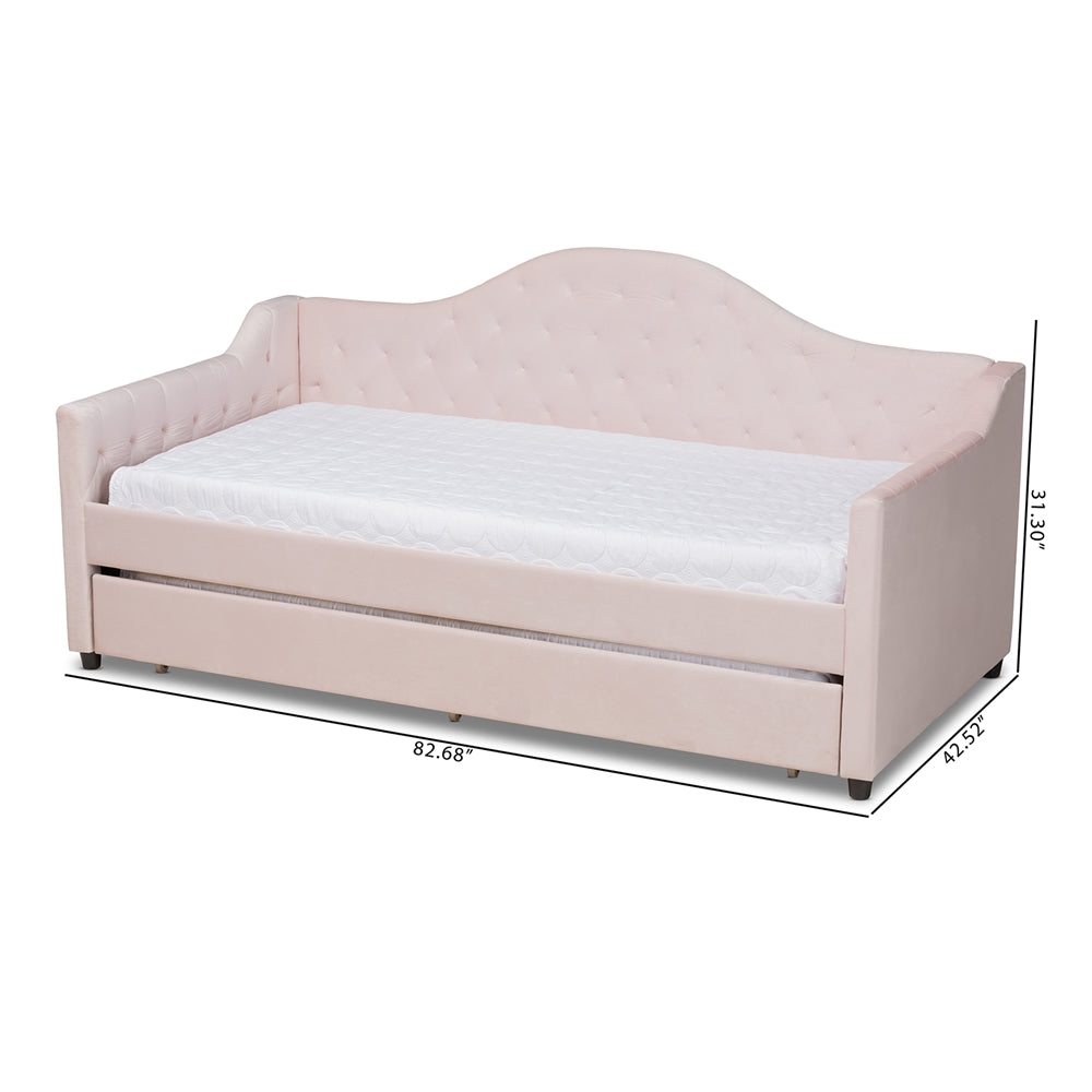 Perry Light Pink Velvet Fabric Upholstered and Button Tufted Twin Size Daybed with Trundle